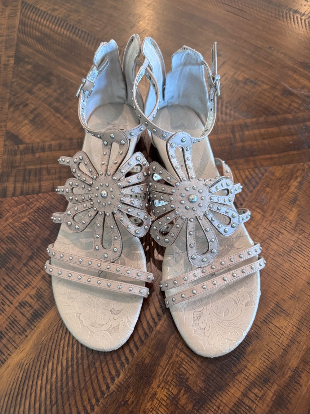 Reba Nude Floral Studded Ankle-Strap Sandals